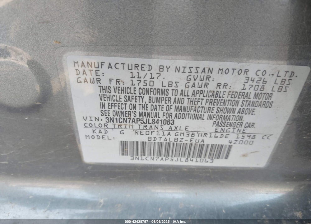 2018 NISSAN VERSA 1.6 SV VIN: 3N1CN7AP5JL841063