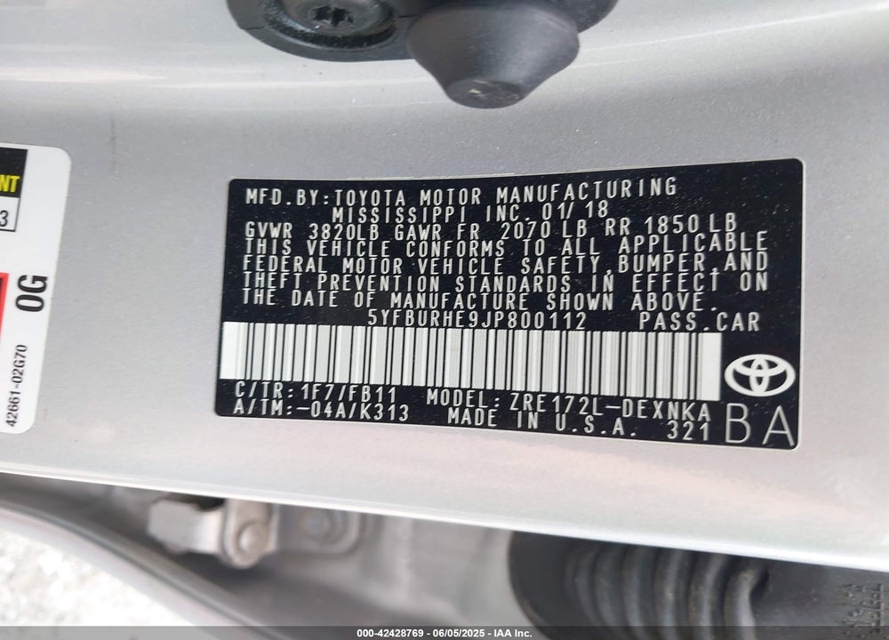 2018 TOYOTA COROLLA VIN: 5YFBURHE9JP800112