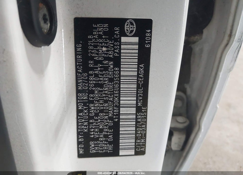 2006 TOYOTA CAMRY XLE V6 VIN: 4T1BF30KX6U635668