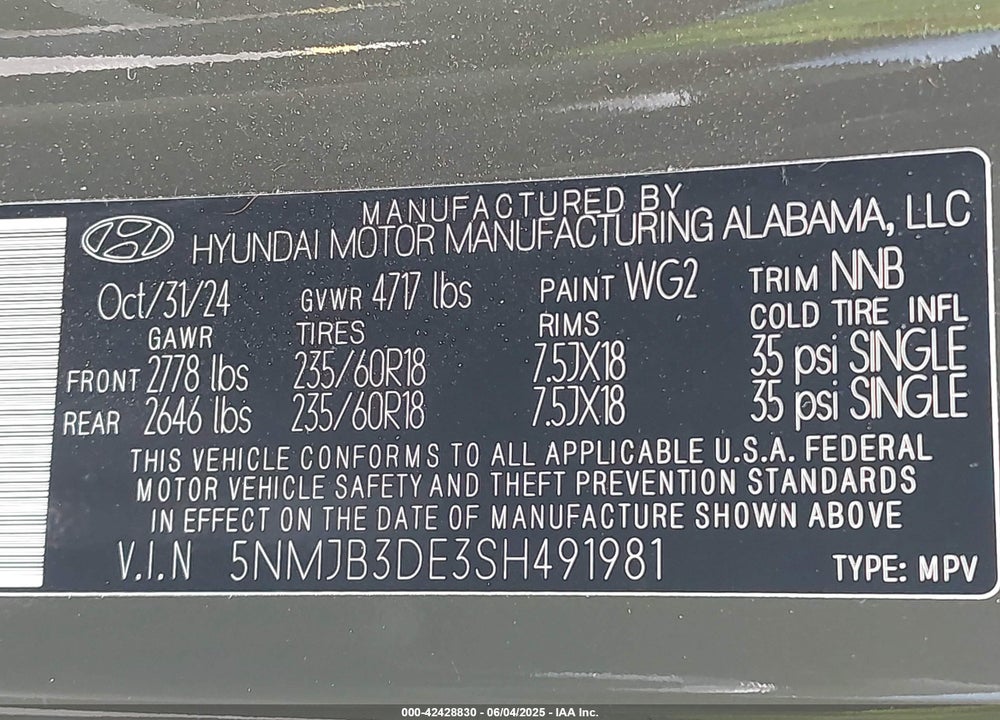 2025 HYUNDAI TUCSON VIN: 5NMJB3DE3SH491981