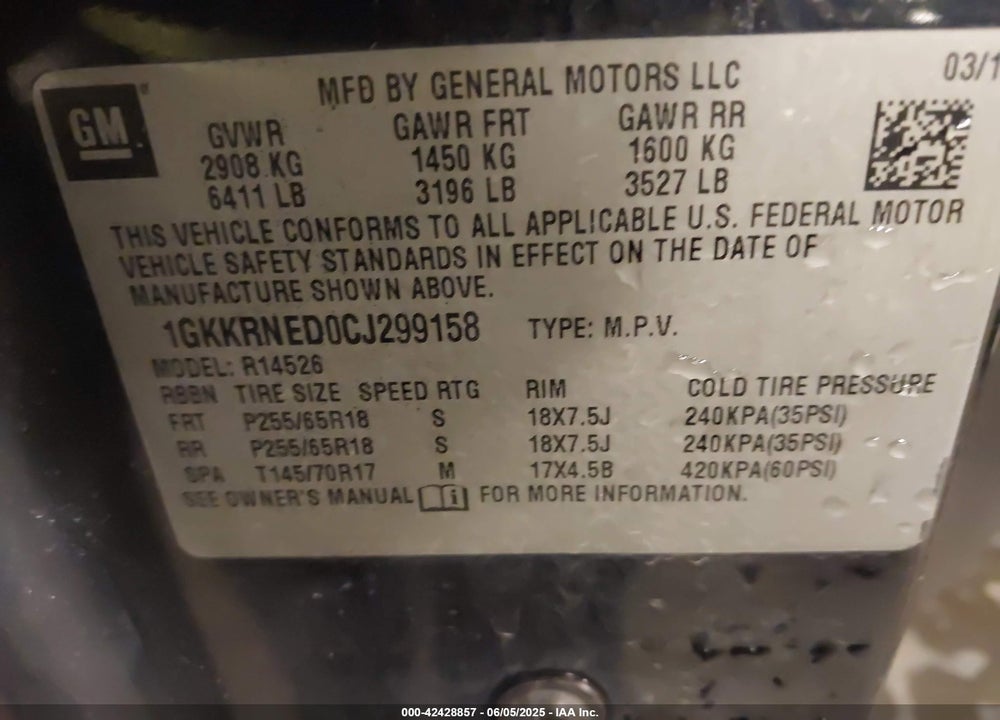 2012 GMC ACADIA VIN: 1GKKRNED0CJ299158