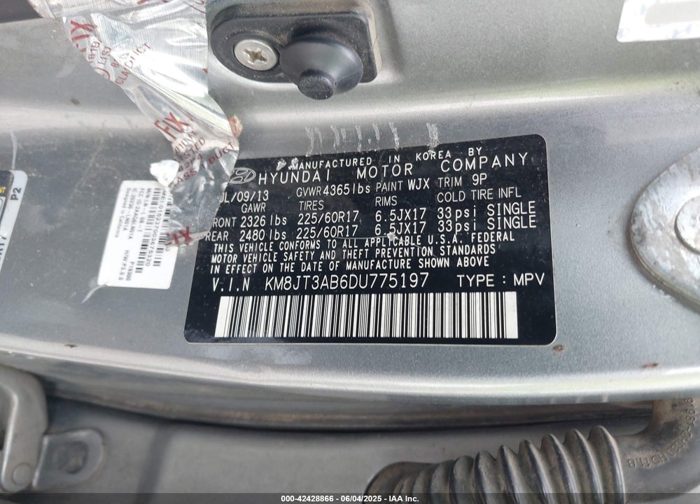 2013 HYUNDAI TUCSON VIN: KM8JT3AB6DU775197