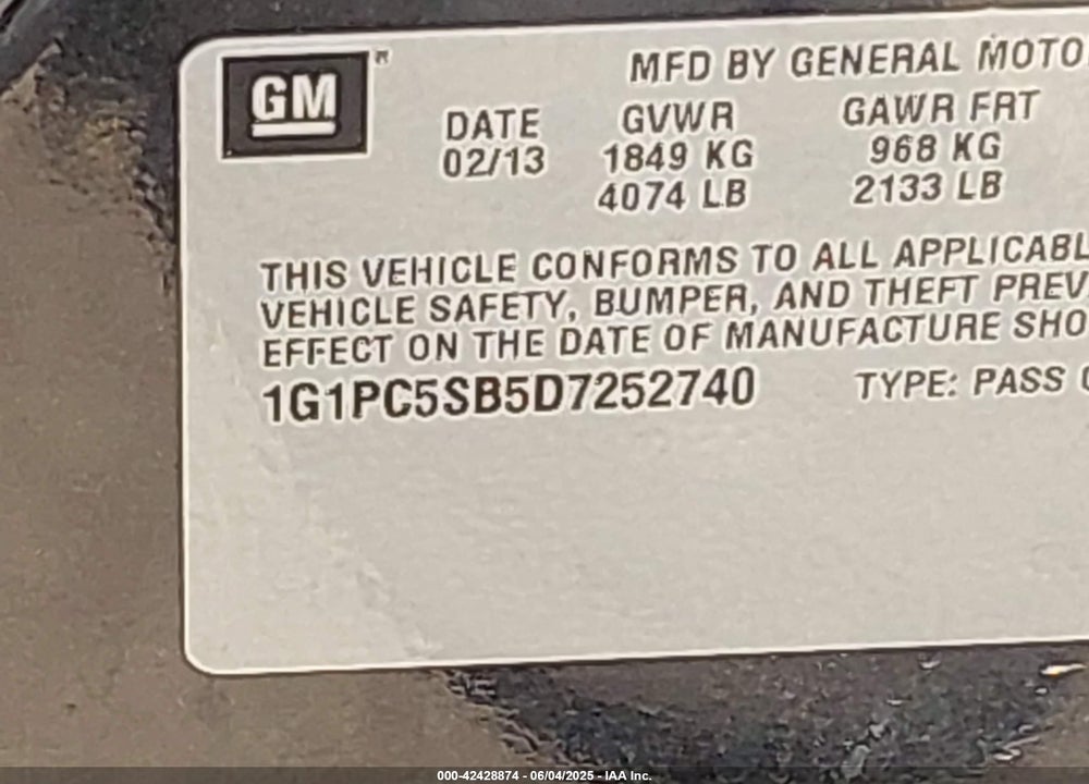 2013 CHEVROLET CRUZE VIN: 1G1PC5SB5D7252740