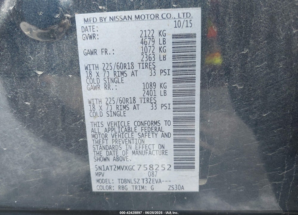 2016 NISSAN ROGUE VIN: 5N1AT2MVXGC758252