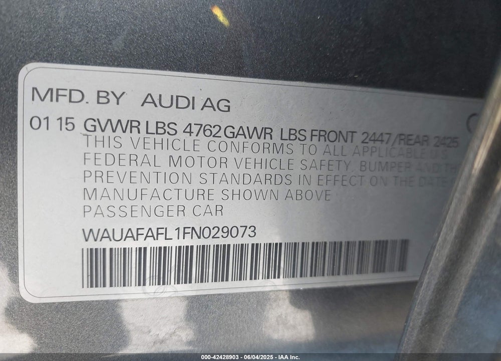 2015 AUDI A4 VIN: WAUAFAFL1FN029073