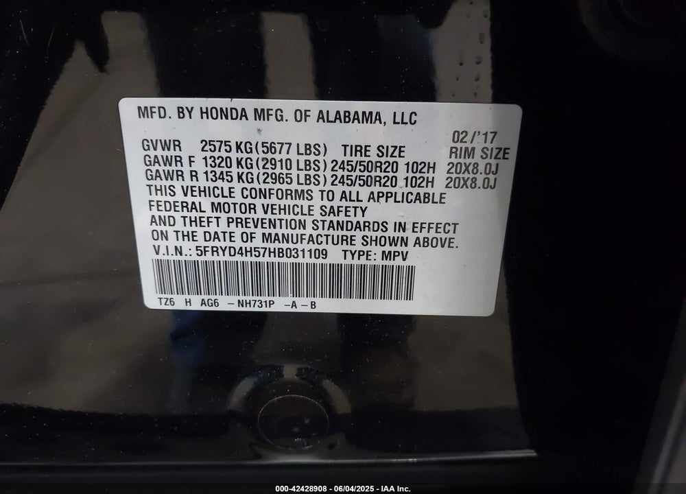 2017 ACURA MDX TECHNOLOGY PACKAGE VIN: 5FRYD4H57HB031109