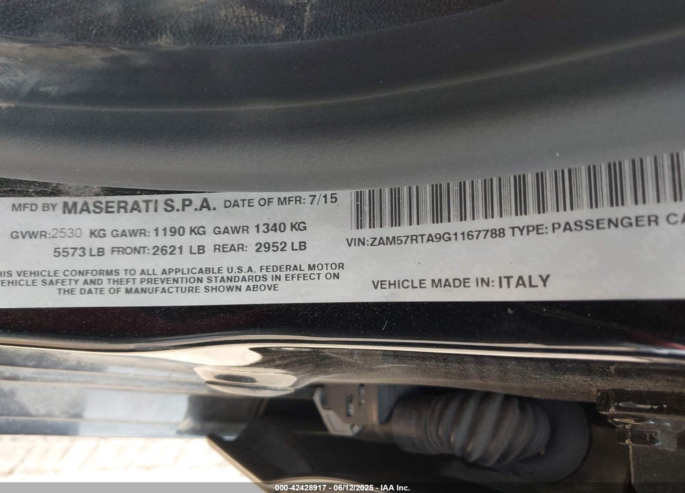 2016 MASERATI GHIBLI VIN: ZAM57RTA9G1167788