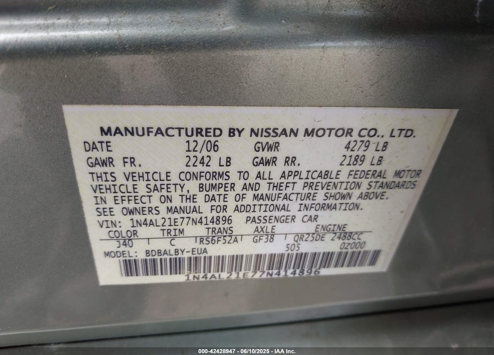 2007 NISSAN ALTIMA 2.5 S VIN: 1N4AL21E77N414896