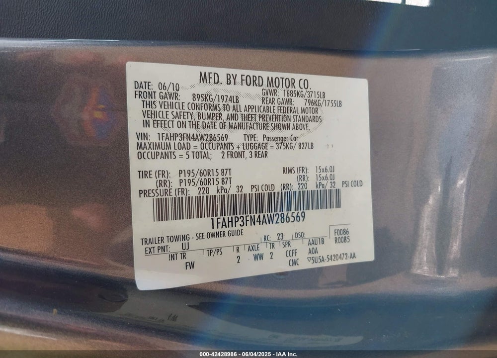 2010 FORD FOCUS VIN: 1FAHP3FN4AW286569
