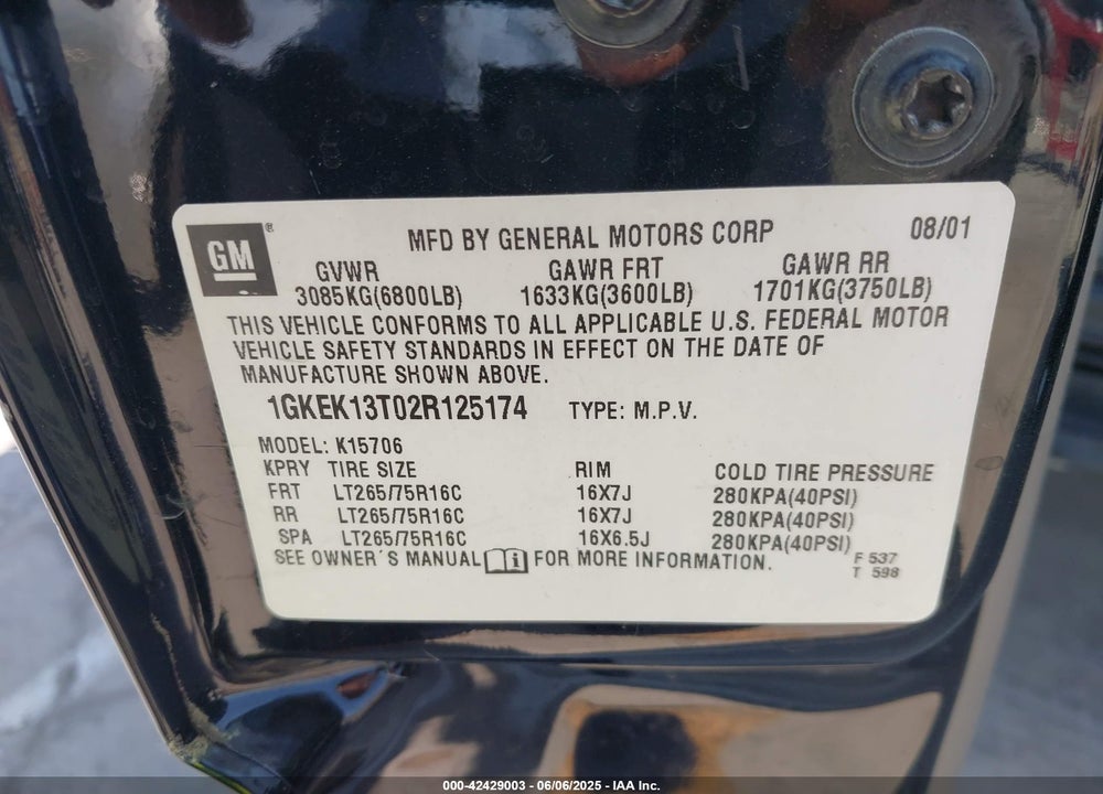 2002 GMC YUKON SLT VIN: 1GKEK13T02R125174
