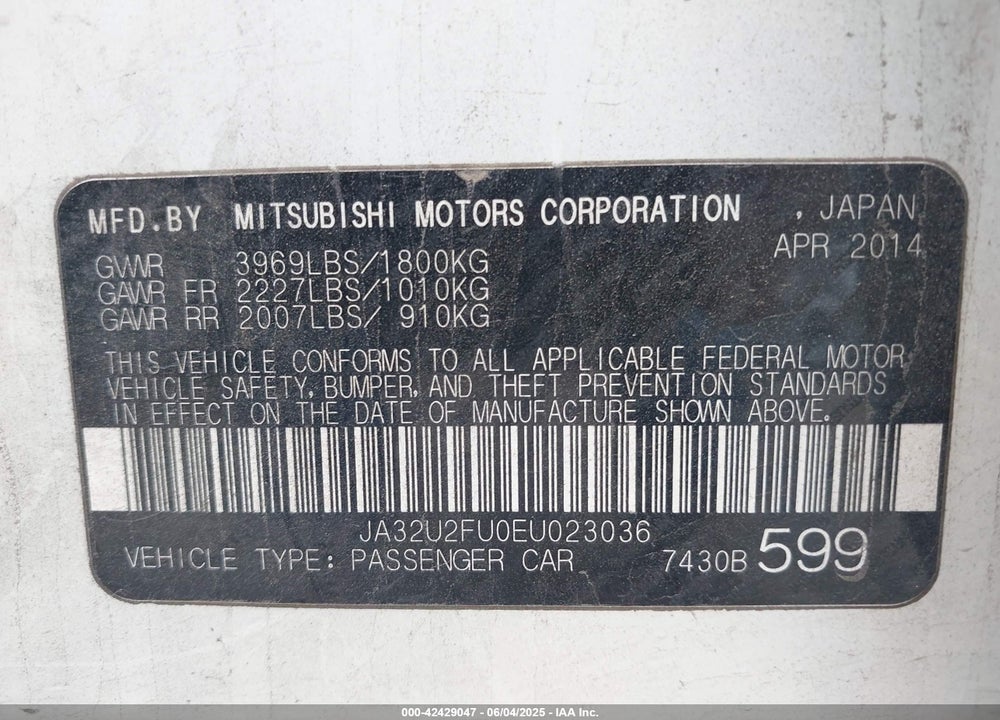 2014 MITSUBISHI LANCER VIN: JA32U2FU0EU023036