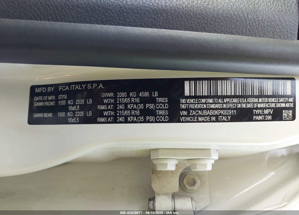 2019 JEEP RENEGADE VIN: ZACNJBAB0KPK82911
