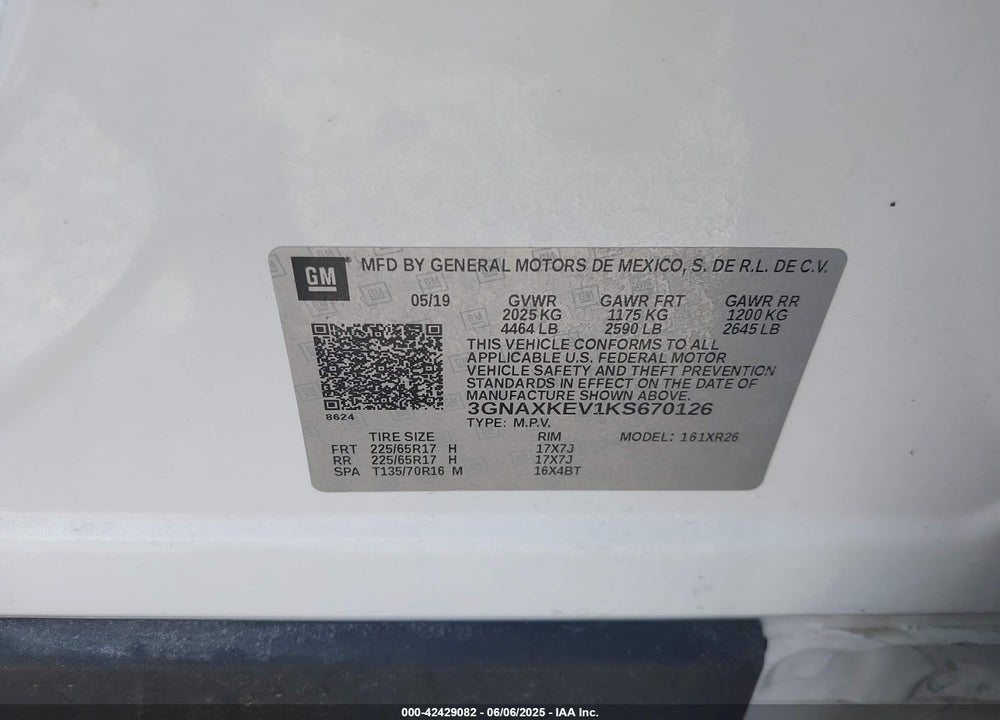 2019 CHEVROLET EQUINOX VIN: 3GNAXKEV1KS670126
