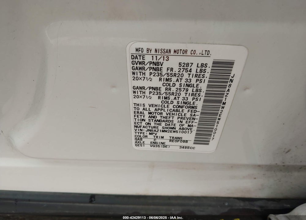 2014 NISSAN MURANO VIN: JN8AZ1MW2EW510017