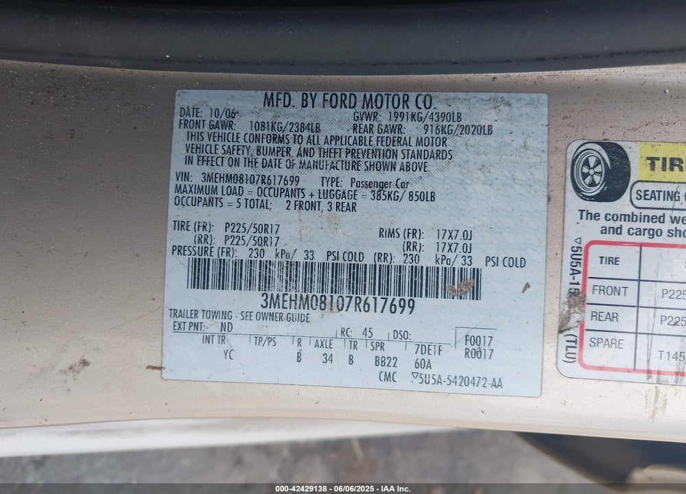 2007 MERCURY MILAN VIN: 3MEHM08107R617699