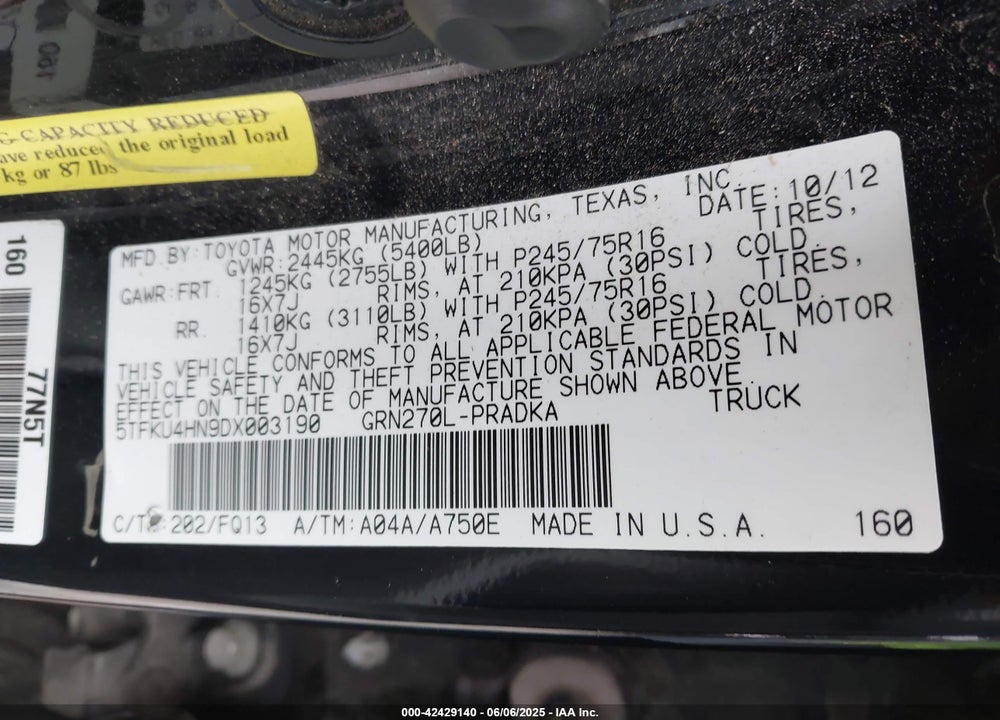 2013 TOYOTA TACOMA PRERUNNER V6 VIN: 5TFKU4HN9DX003190