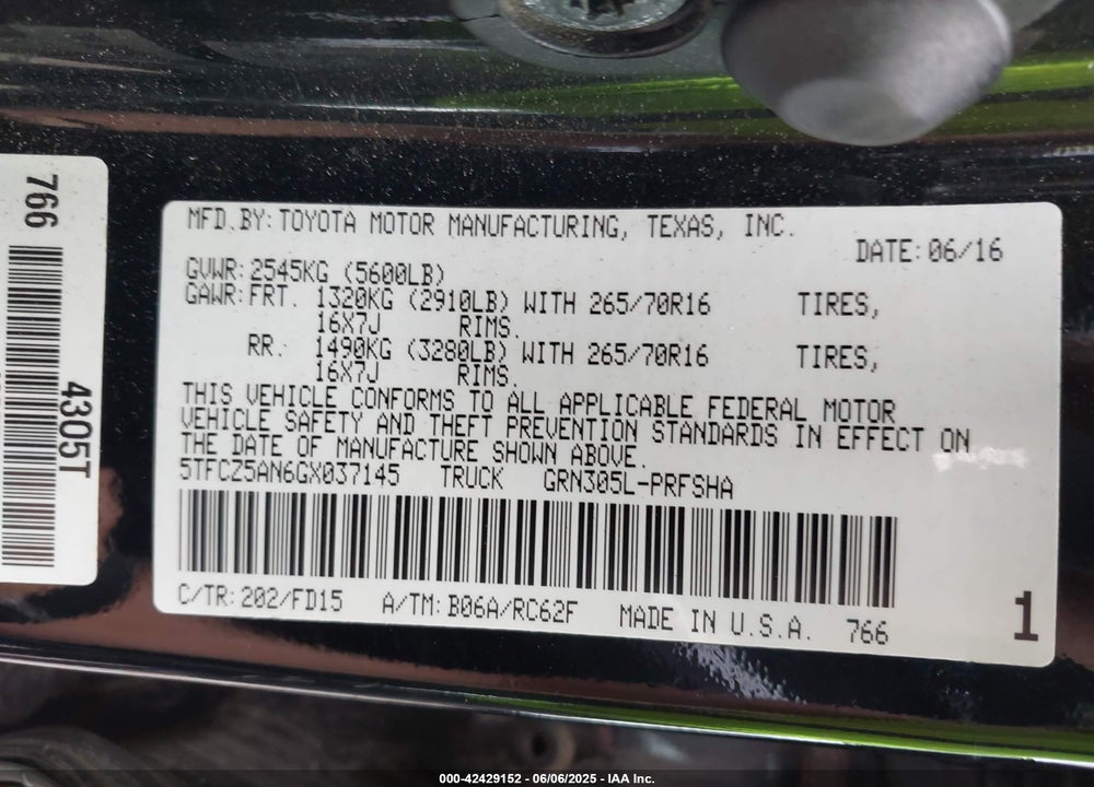 2016 TOYOTA TACOMA VIN: 5TFCZ5AN6GX037145