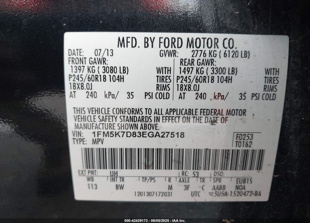 2014 FORD EXPLORER VIN: 1FM5K7D83EGA27518