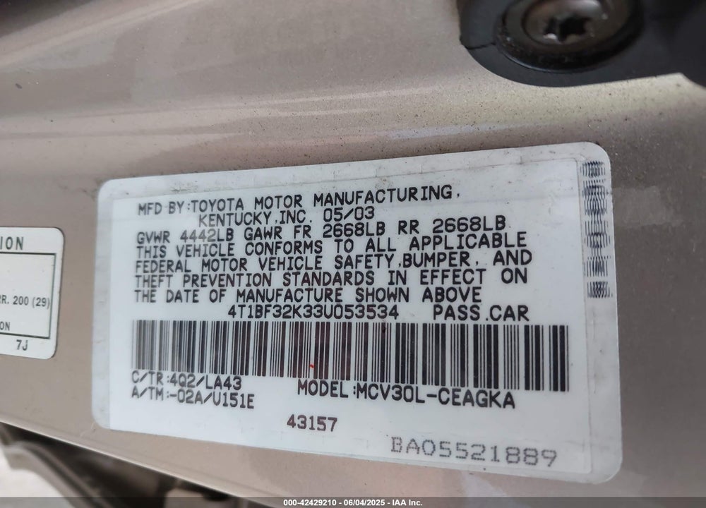 2003 TOYOTA CAMRY XLE V6 VIN: 4T1BF32K33U053534