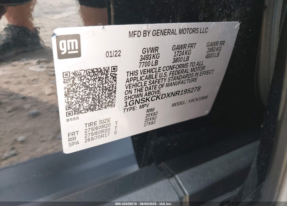 2022 CHEVROLET SUBURBAN VIN: 1GNSKCKDXNR195278