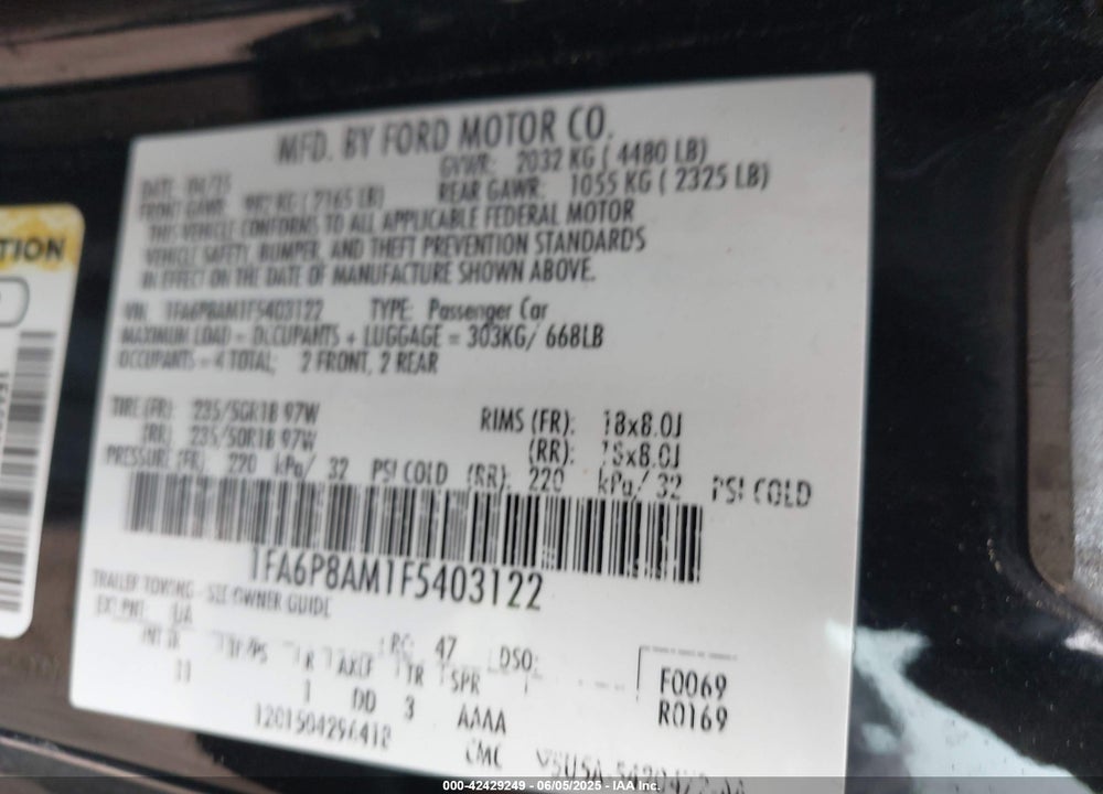 2015 FORD MUSTANG VIN: 1FA6P8AM1F5403122