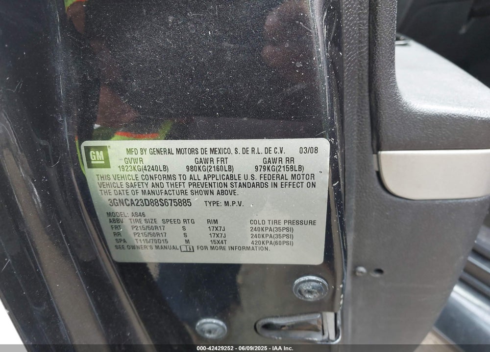 2008 CHEVROLET HHR LT VIN: 3GNCA23D88S675885