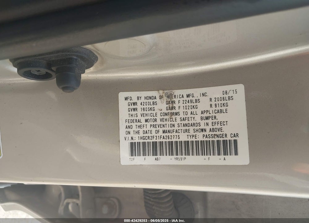 2015 HONDA ACCORD LX VIN: 1HGCR2F31FA262775