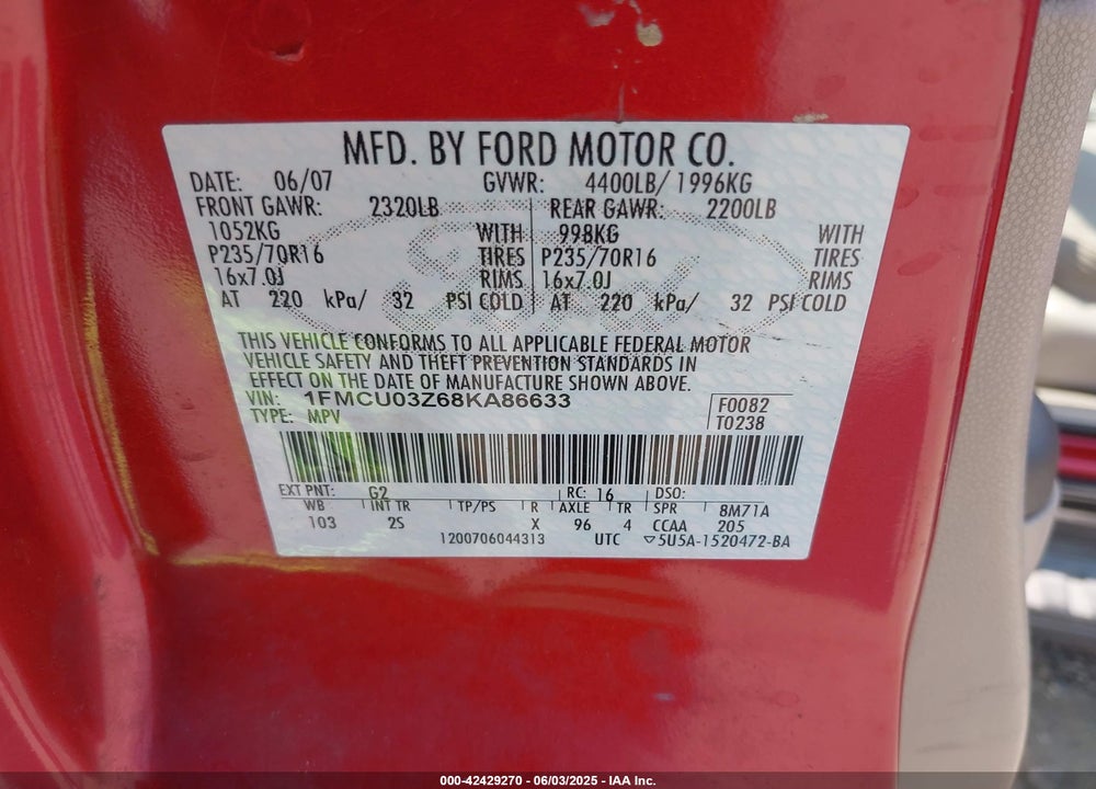 2008 FORD ESCAPE VIN: 1FMCU03Z68KA86633