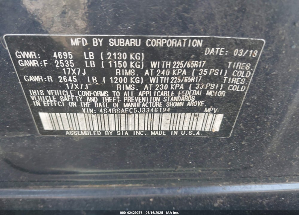 2018 SUBARU OUTBACK VIN: 4S4BSAFC5J3346194