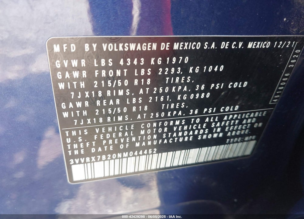 2022 VOLKSWAGEN TAOS VIN: 3VVRX7B20NM044452