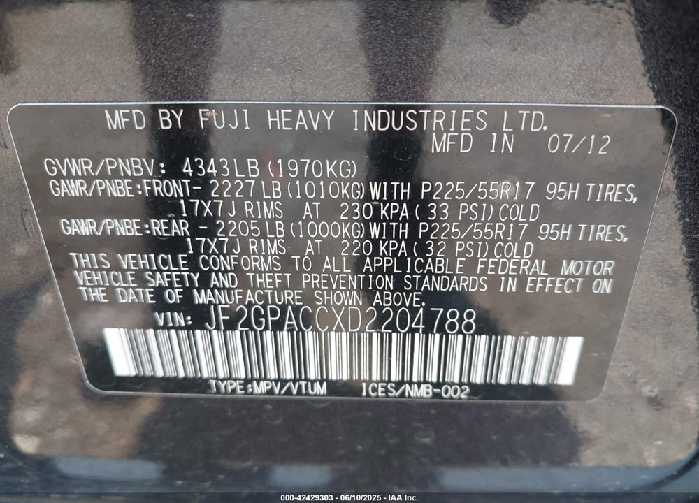 2013 SUBARU XV CROSSTREK VIN: JF2GPACCXD2204788