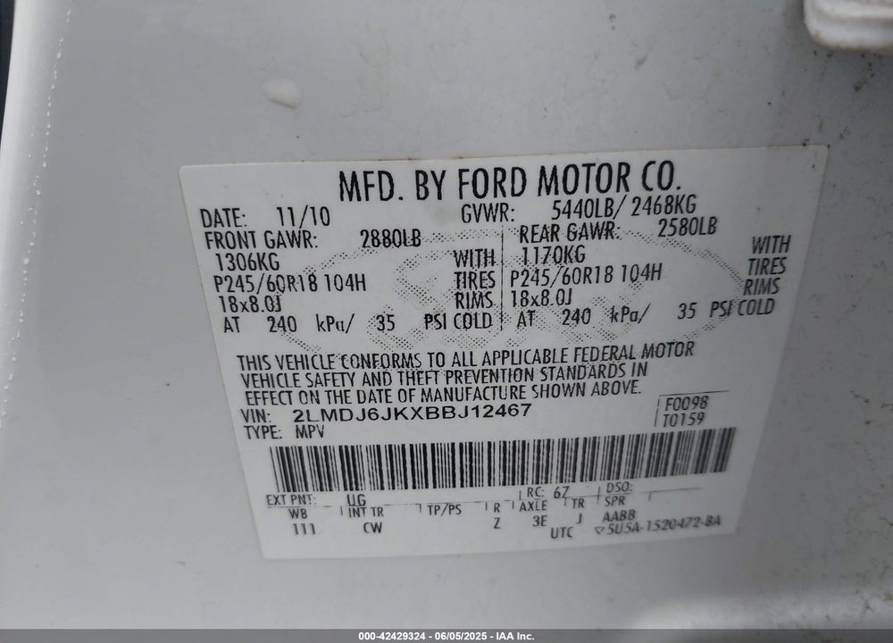 2011 LINCOLN MKX VIN: 2LMDJ6JKXBBJ12467