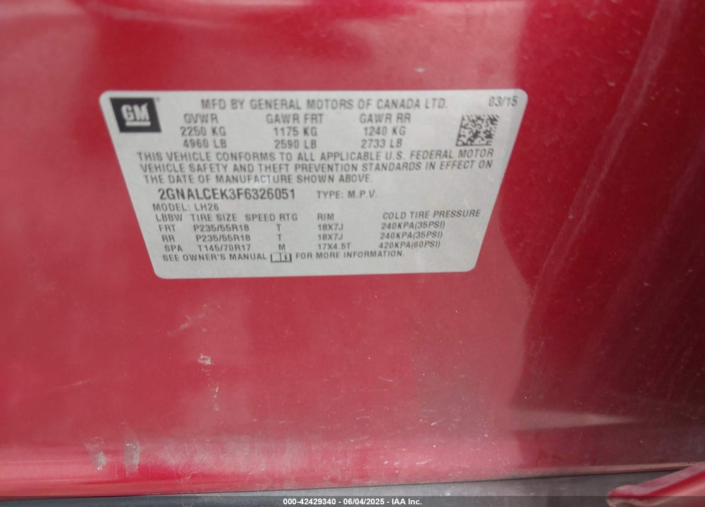 2015 CHEVROLET EQUINOX VIN: 2GNALCEK3F6326051