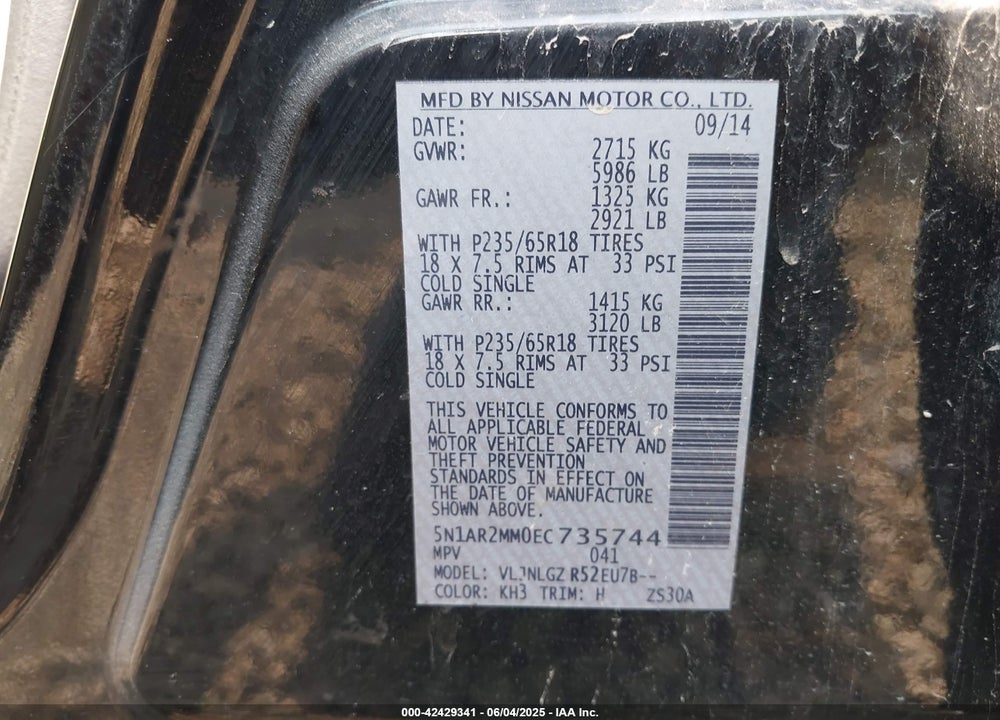2014 NISSAN PATHFINDER SL VIN: 5N1AR2MM0EC735744