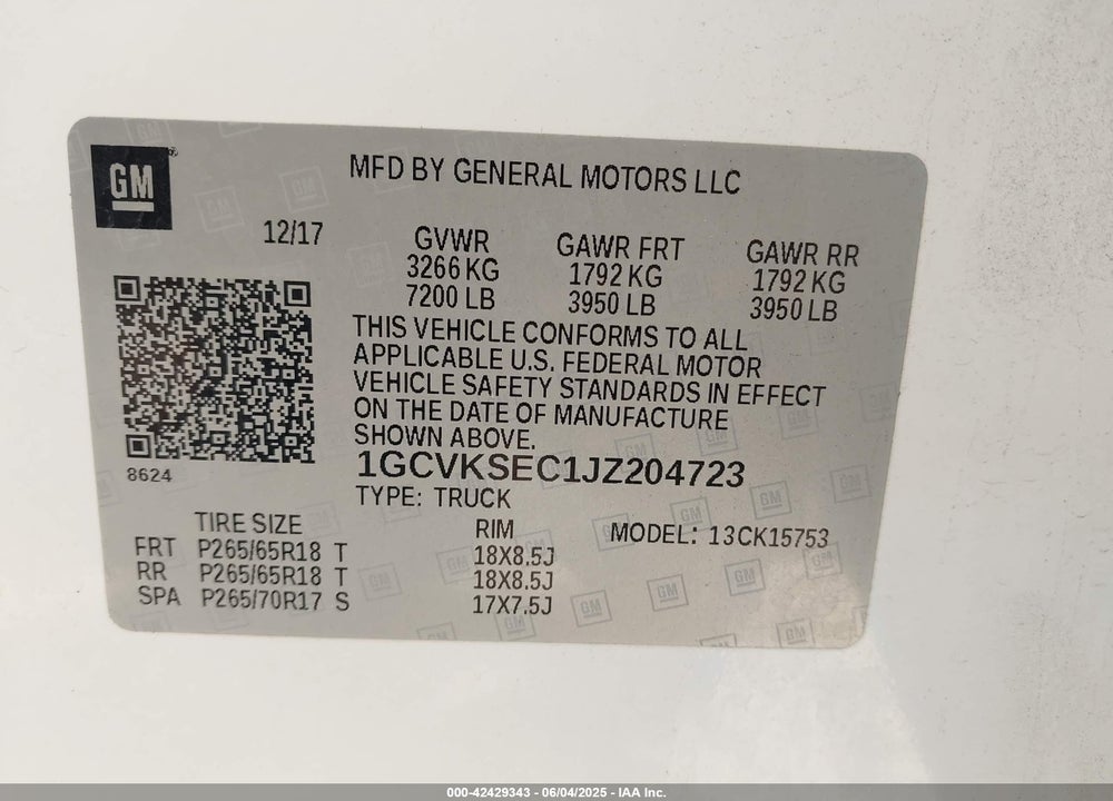 2018 CHEVROLET SILVERADO 1500 VIN: 1GCVKSEC1JZ204723