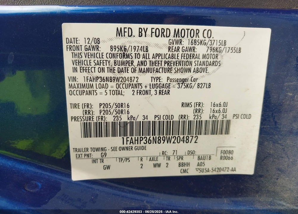 2009 FORD FOCUS SES VIN: 1FAHP36N89W204872