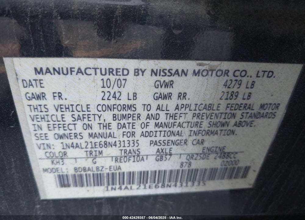 2008 NISSAN ALTIMA VIN: 1N4AL21E68N431335