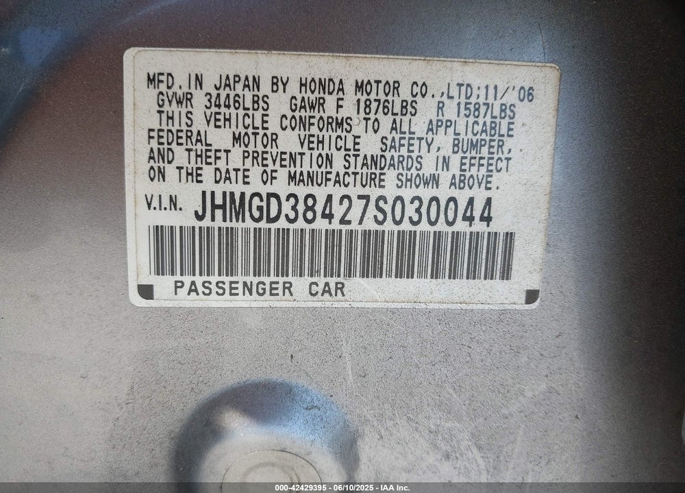 2007 HONDA FIT VIN: JHMGD38427S030044