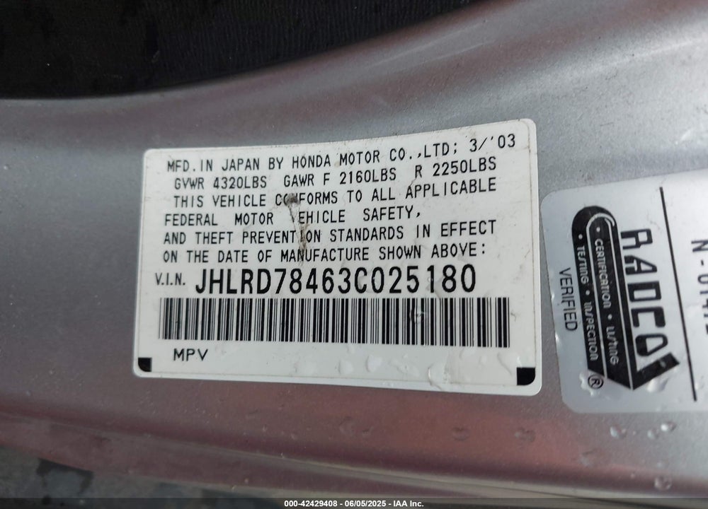 2003 HONDA CR-V LX VIN: JHLRD78463C025180