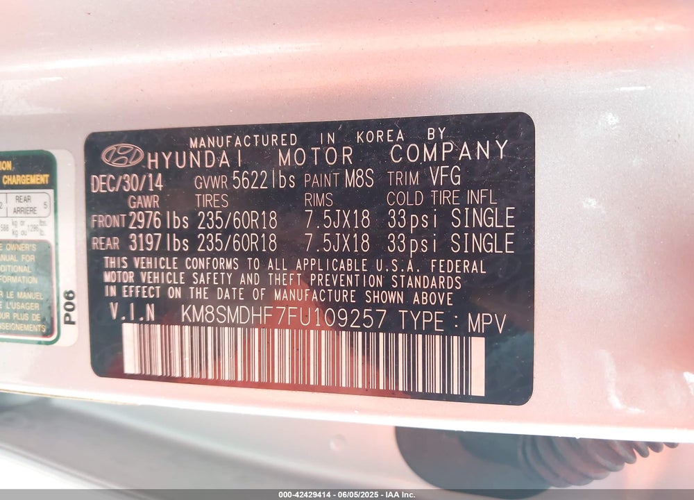 2015 HYUNDAI SANTA FE VIN: KM8SMDHF7FU109257