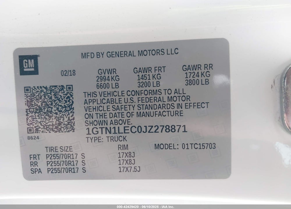 2018 GMC SIERRA 1500 VIN: 1GTN1LEC0JZ278871