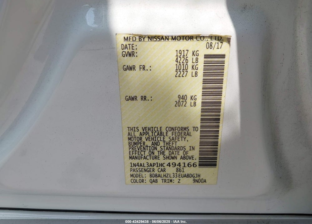 2017 NISSAN ALTIMA VIN: 1N4AL3AP1HC494166