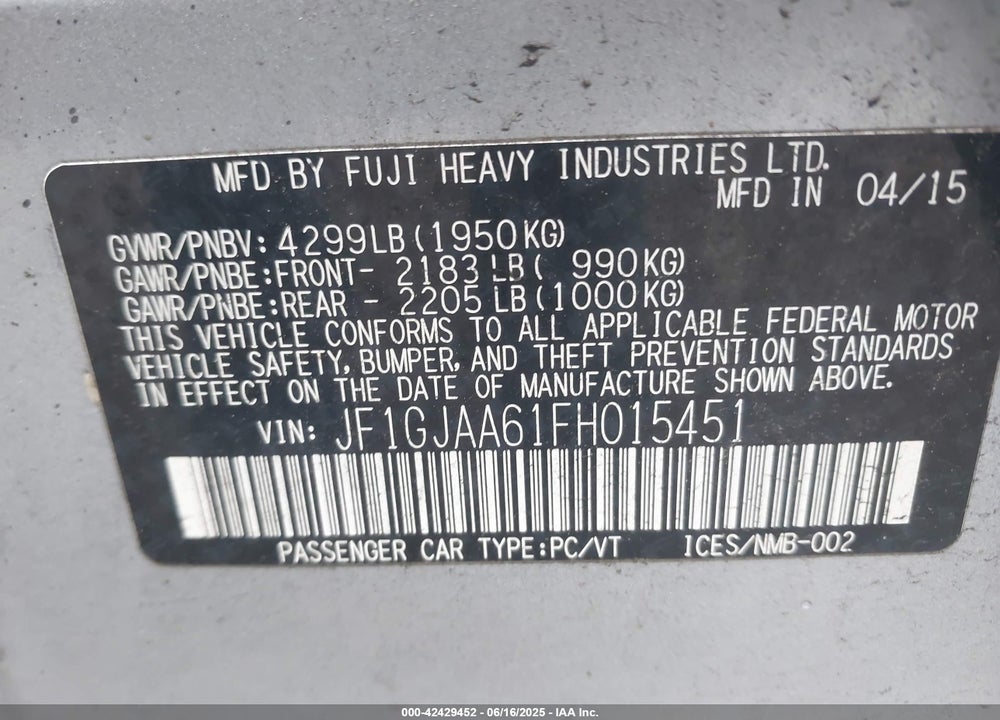 2015 SUBARU IMPREZA VIN: JF1GJAA61FH015451