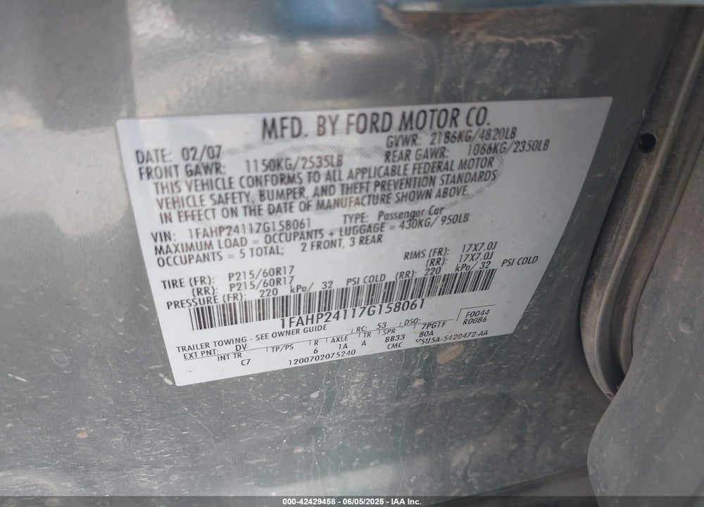2007 FORD FIVE HUNDRED VIN: 1FAHP24117G158061