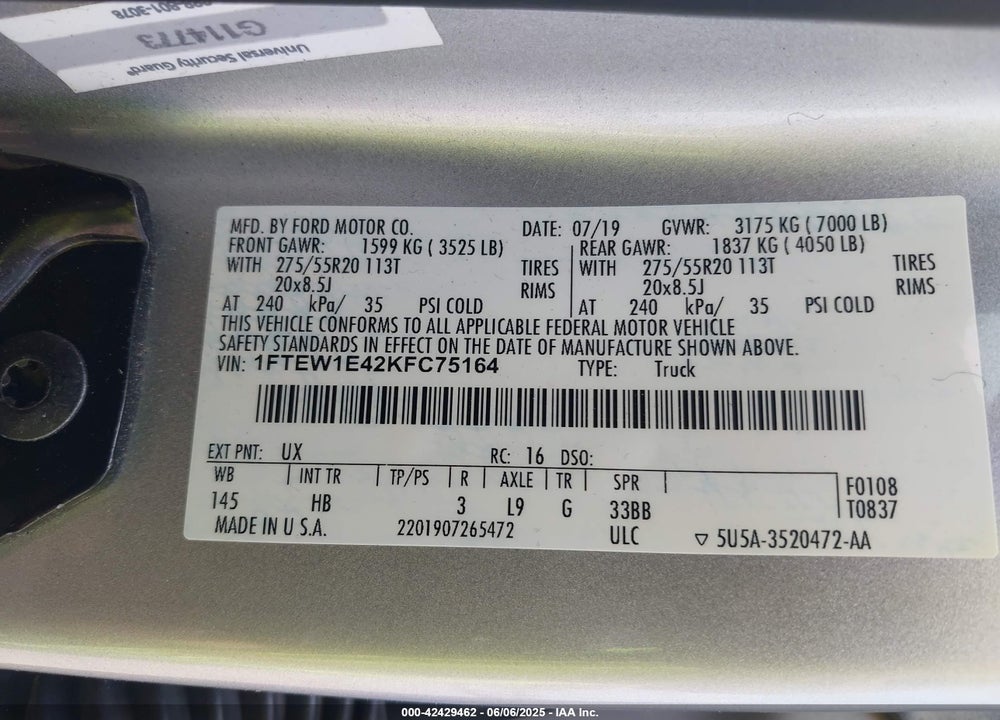 2019 FORD F-150 LARIAT VIN: 1FTEW1E42KFC75164