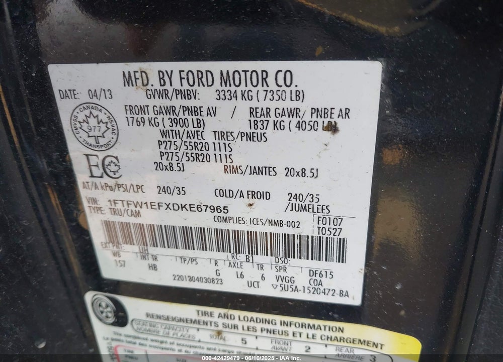 2013 FORD F-150 VIN: 1FTFW1EFXDKE67965