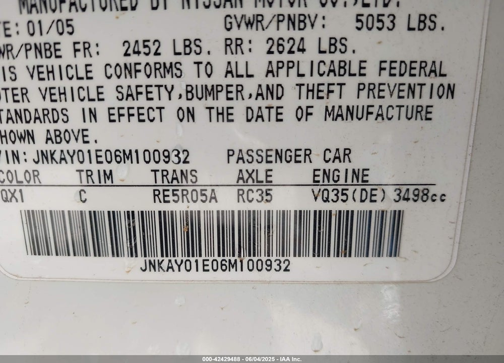 2006 INFINITI M35 VIN: JNKAY01E06M100932