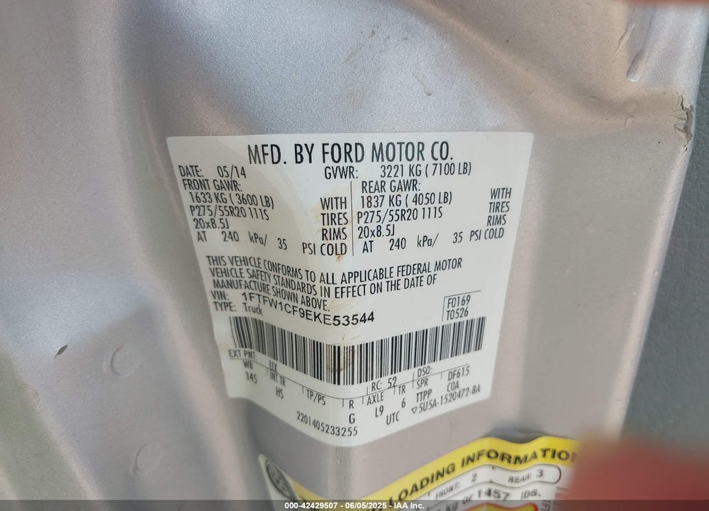 2014 FORD F150 VIN: 1FTFW1CF9EKE53544