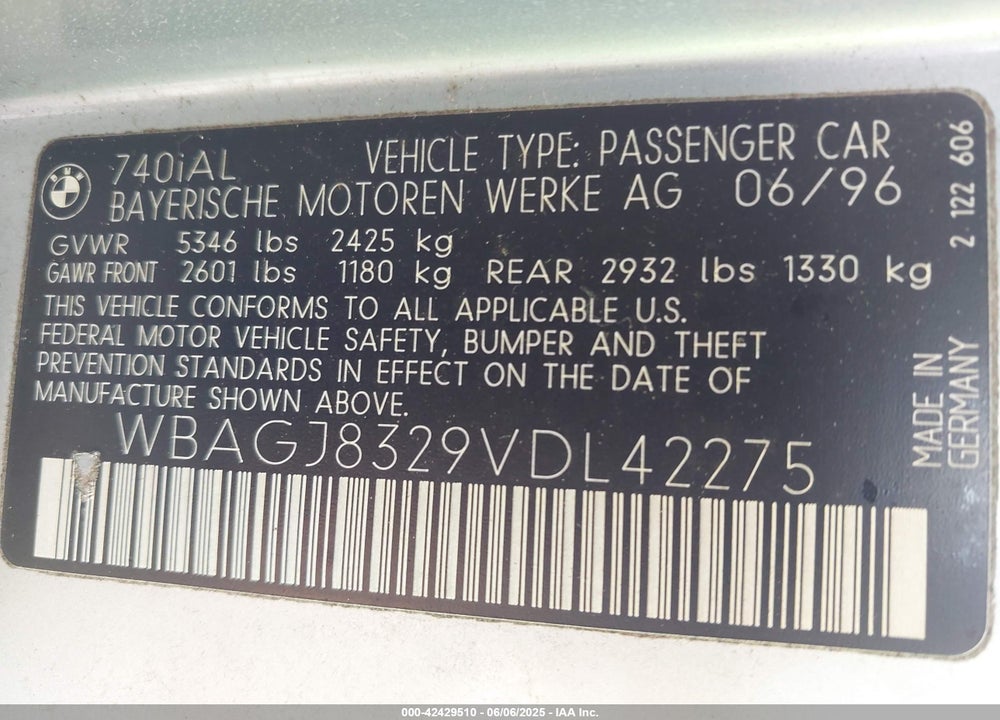 1997 BMW 740IL VIN: WBAGJ8329VDL42275