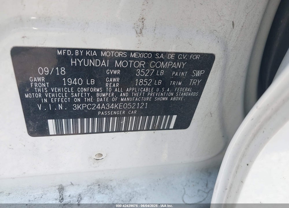 2019 HYUNDAI ACCENT SE VIN: 3KPC24A34KE052121